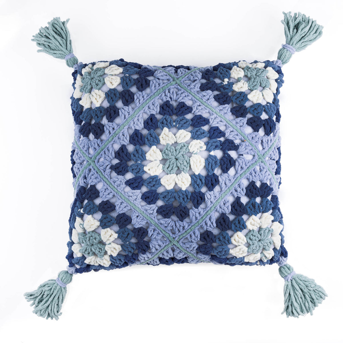 Granny’s diamonds crochet pillow made using Bernat All in One Blanket Granny yarns.