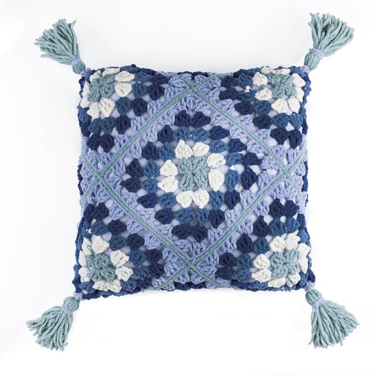 Granny’s diamonds crochet pillow made using Bernat All in One Blanket Granny yarns.