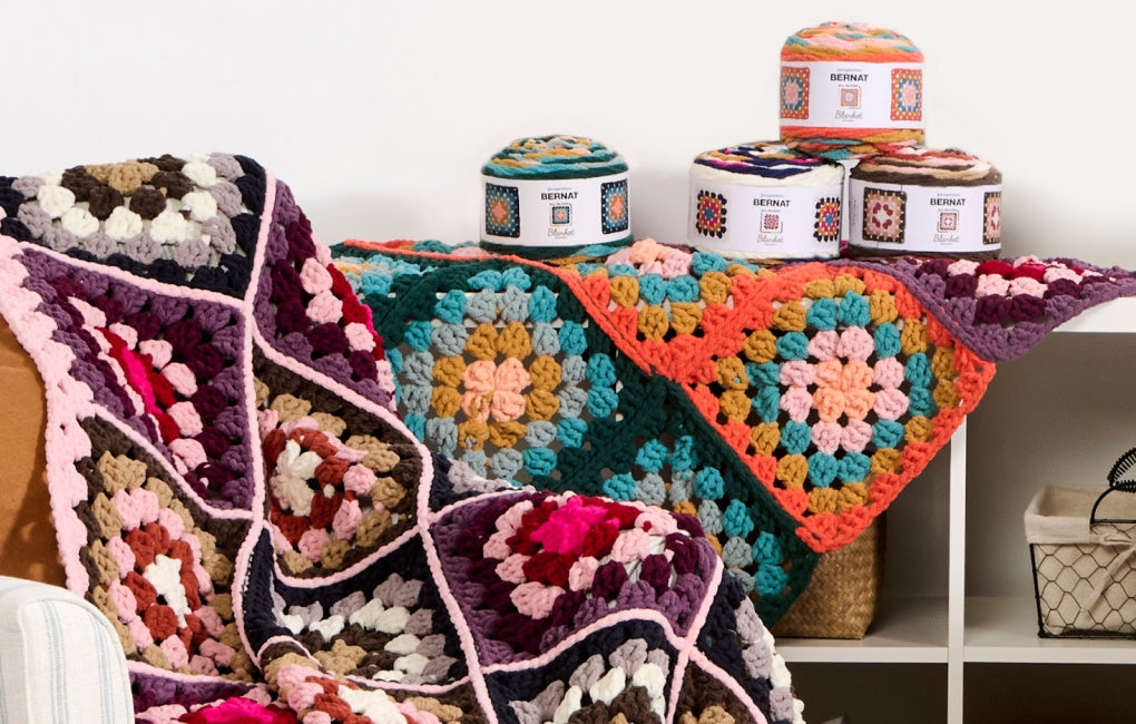 Featuring Bernat Blanket All In One Granny yarns and patterns in the banner